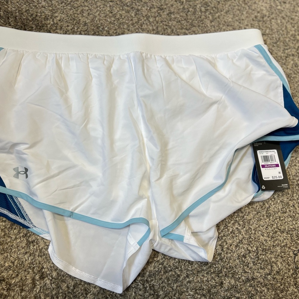 Under Armour White Athletic Running Shorts with Light Blue Trim